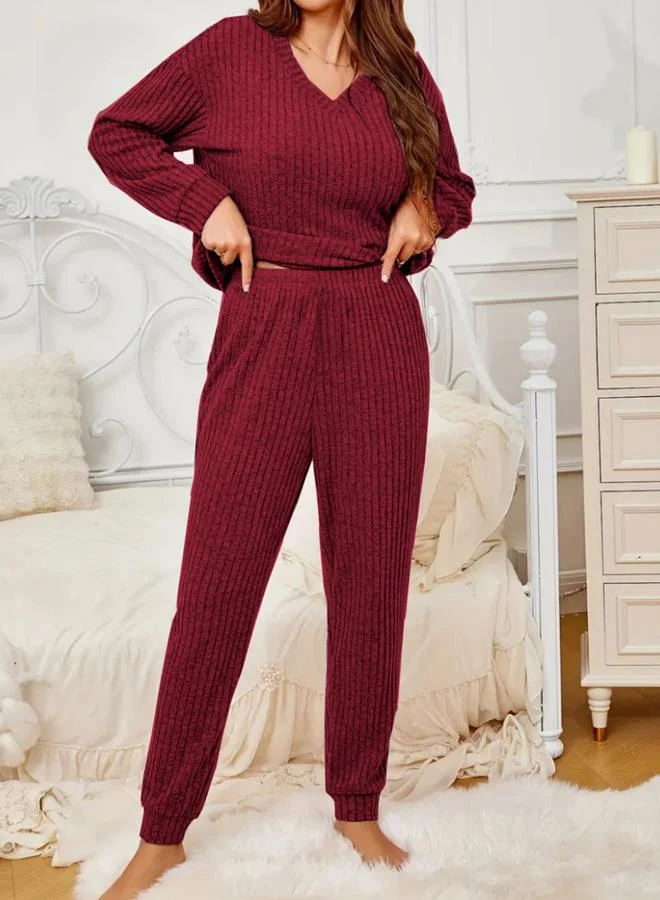 Take Two Burgundy Women Burgundy Ribbed Top and Pyjama Set for Women | Best Price UAE
